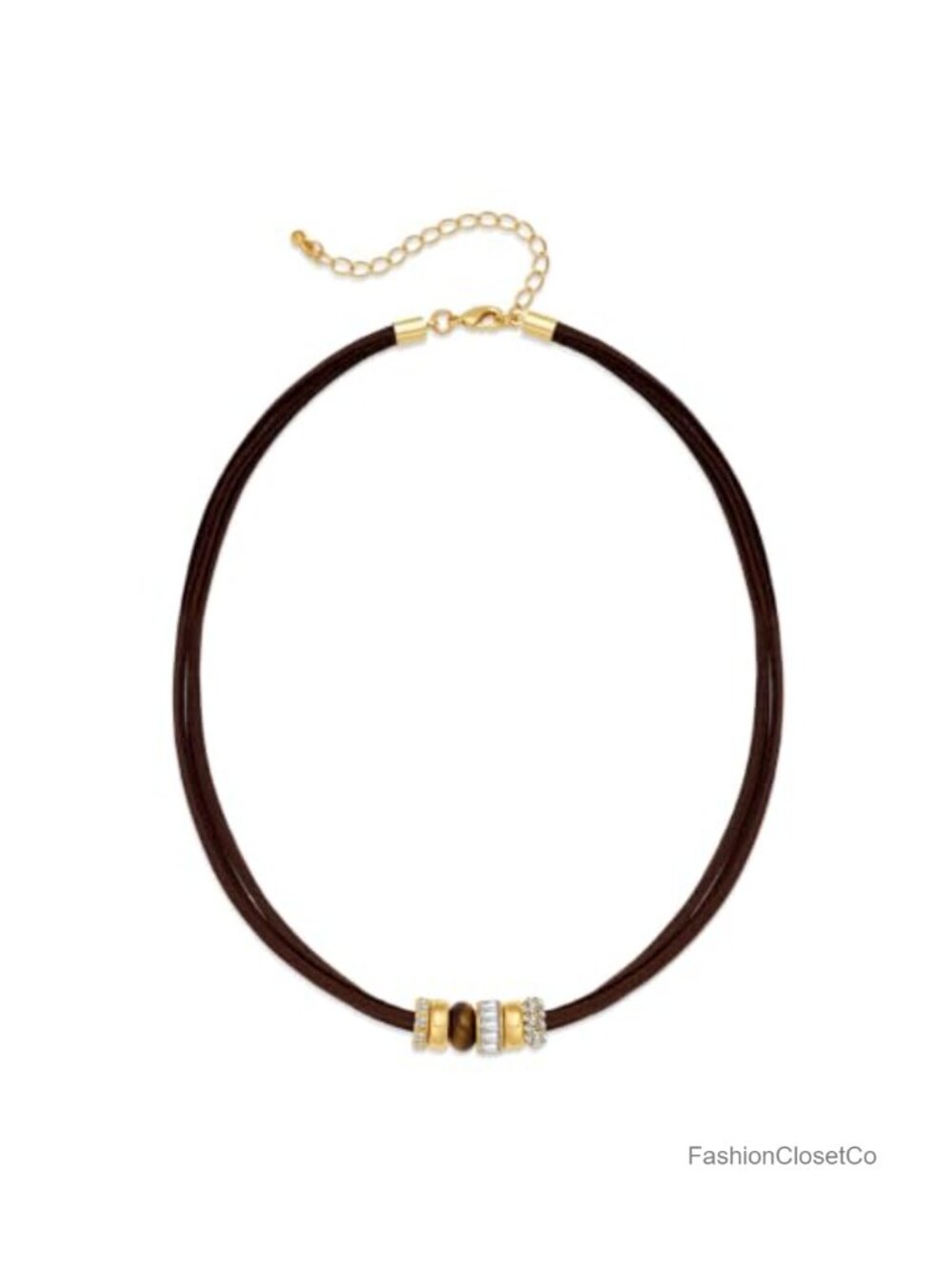Adjustable Leather Cord Choker Necklace with Rhinestone Pendant Boho Jewelry